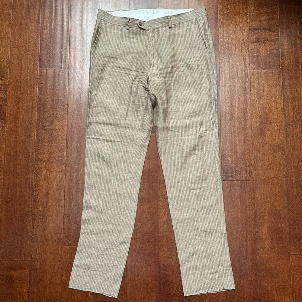Bar III Men's 100% Linen Tan Pinstripe Pants, Size 42L